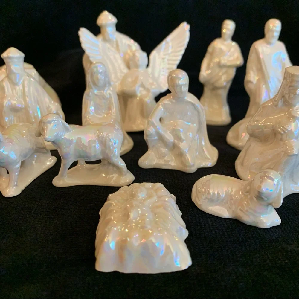 14 Piece Small Ceramic Pearlescent White Nativity Set Scene // Christmas Holiday